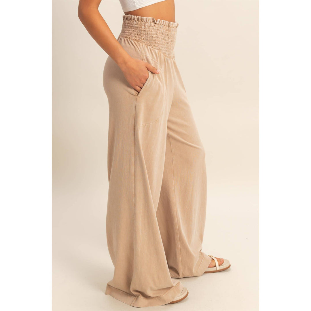 Mineral Washed Wide-Leg Smocked Waist Pants