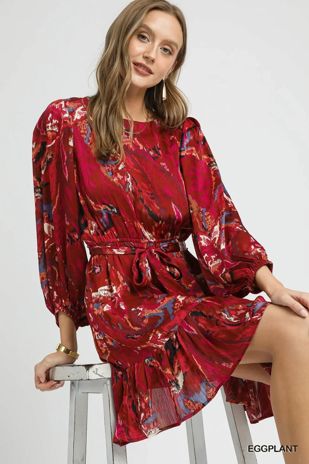 Women's Dresses - Umgee Ruffled Hem Printed Balloon Sleeve Dress - - Cultured Cloths Apparel