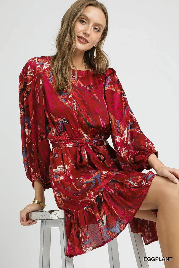 Women's Dresses - Umgee Ruffled Hem Printed Balloon Sleeve Dress - - Cultured Cloths Apparel