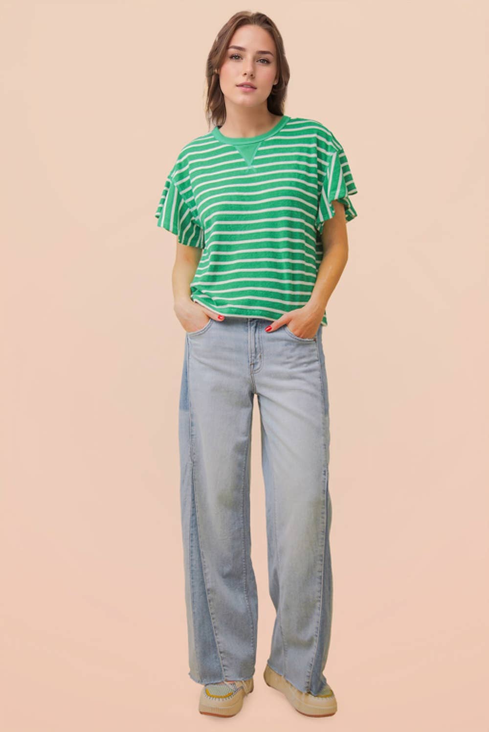 Oversized Ruffle Sleeve Casual Stripe Knit Top