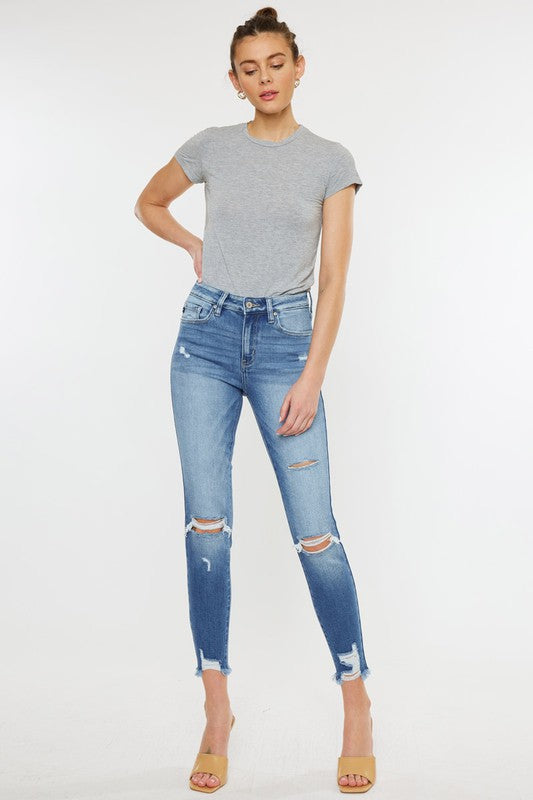 Denim - High Rise Fray Hem Ankle Skinny Jeans - MEDIUM - Cultured Cloths Apparel