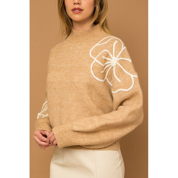 Women's Sweaters - Flower Embroidery Mock Neck Sweater - TAUPE-IVORY - Cultured Cloths Apparel