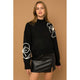 Women's Sweaters - Flower Embroidery Mock Neck Sweater - Black-Ivory - Cultured Cloths Apparel