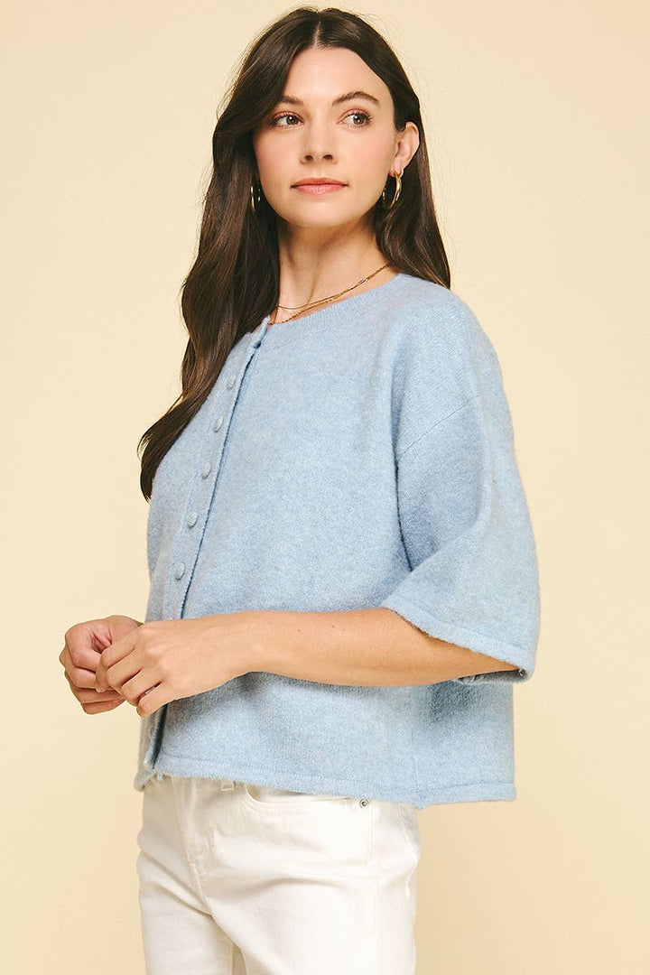 BLUE BUTTON DOWN SHORT SLEEVE SWEATER