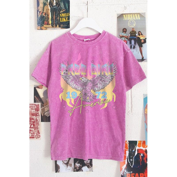 Graphic T-Shirts - Free Bird Mineral Washed Graphic Tee - Hot Pink - Cultured Cloths Apparel