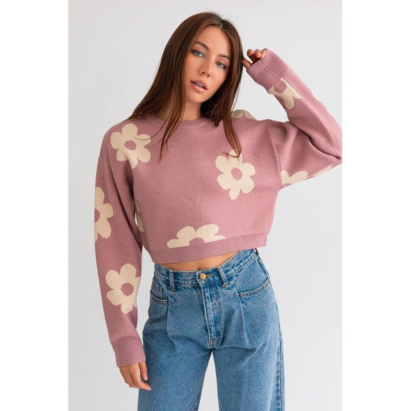  - LONG SLEEVE CROP SWEATER WITH DAISY PATTERN - PINK-CREAM - Cultured Cloths Apparel