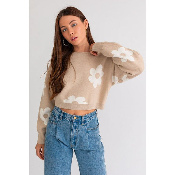  - LONG SLEEVE CROP SWEATER WITH DAISY PATTERN - BEIGE-WHITE - Cultured Cloths Apparel