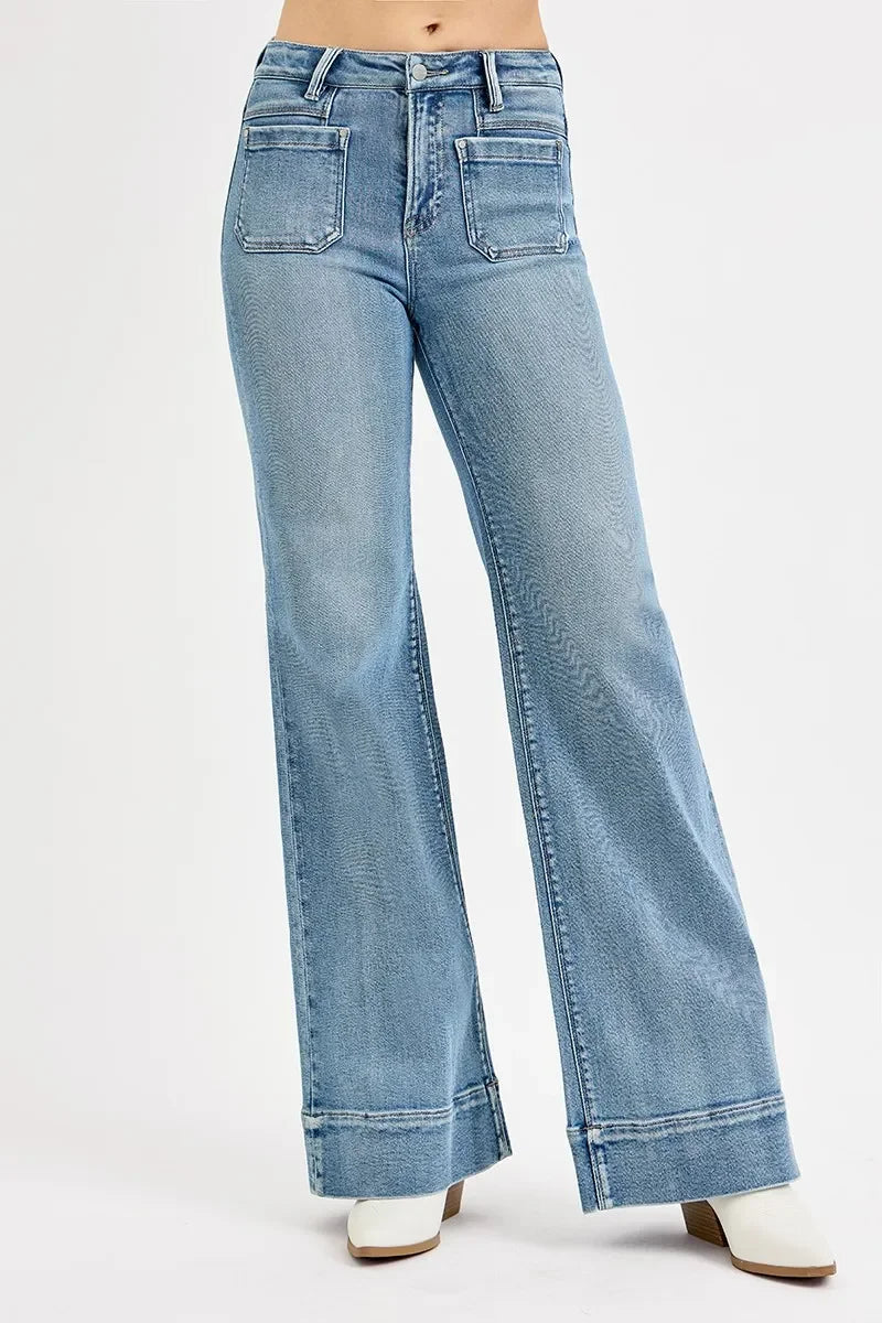 Denim - RISEN Full Size High Rise Wide Flare Patch Pocket Jeans - MEDIUM - Cultured Cloths Apparel