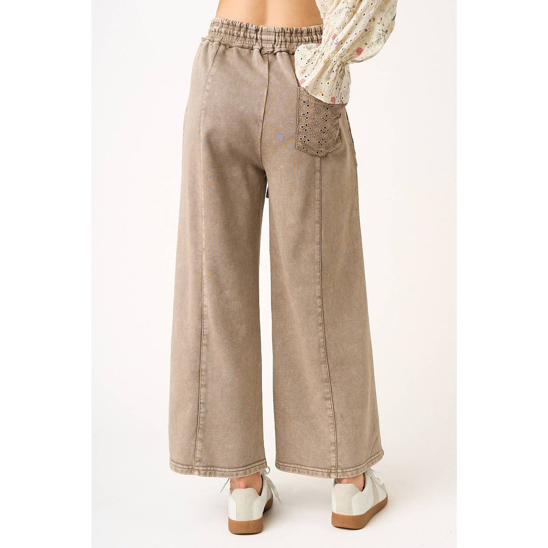 Pants - EYELET LACE POCKET MINERAL WASH WIDE LEG PANTS - - Cultured Cloths Apparel