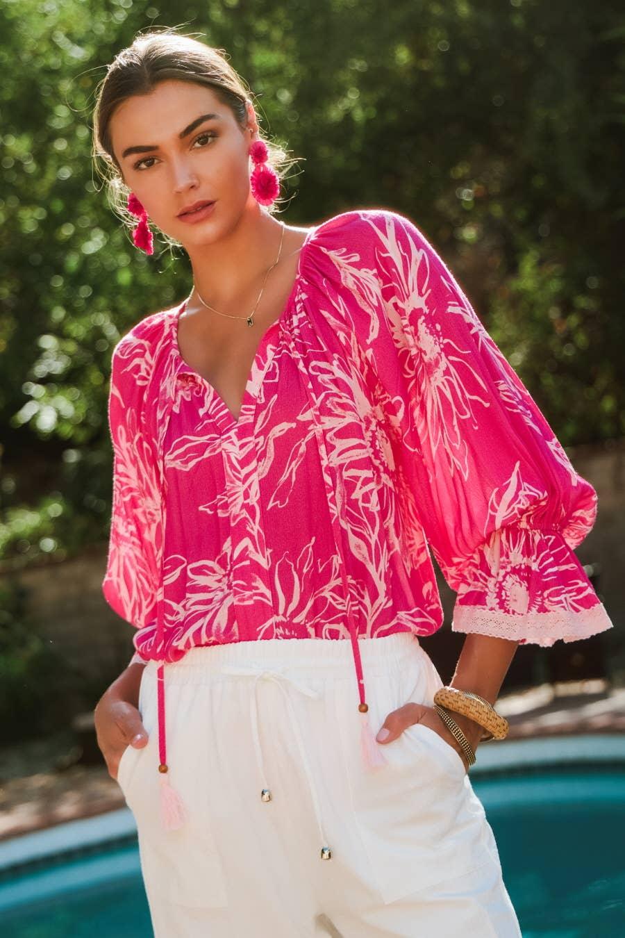 Women's 3/4 Sleeve - Floral Printed Blouse - - Cultured Cloths Apparel