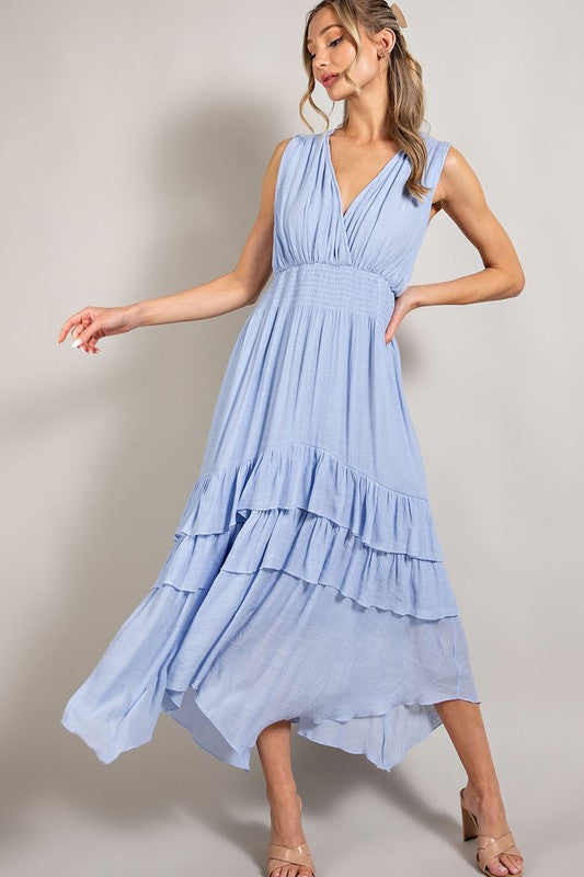 Women's Dresses - V-Neck Ruffle Maxi Dress - CHAMBRAY - Cultured Cloths Apparel