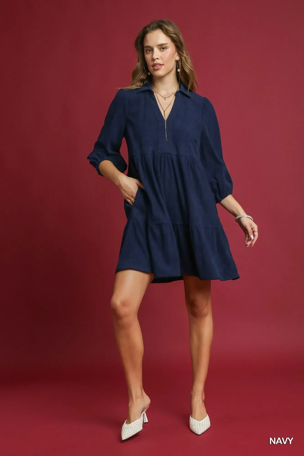 Women's Dresses - Umgee Tiered Corduroy Mini Dress with Balloon Sleeves - - Cultured Cloths Apparel