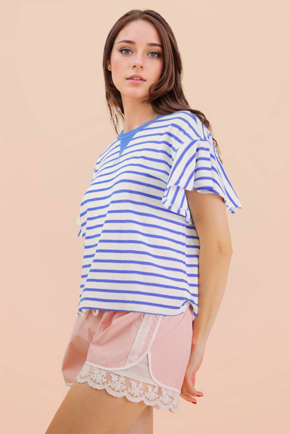 Oversized Ruffle Sleeve Casual Stripe Knit Top