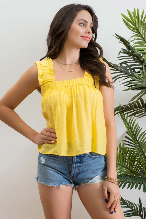 Women's Sleeveless - Sleeveless Square Neckline Ruffled Top - Yellow - Cultured Cloths Apparel