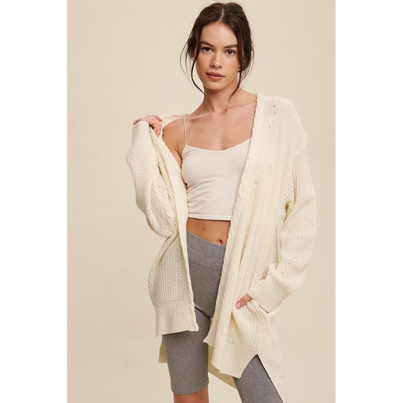 Outerwear - Cable Knit Open Front Long Cardigan - Cream - Cultured Cloths Apparel