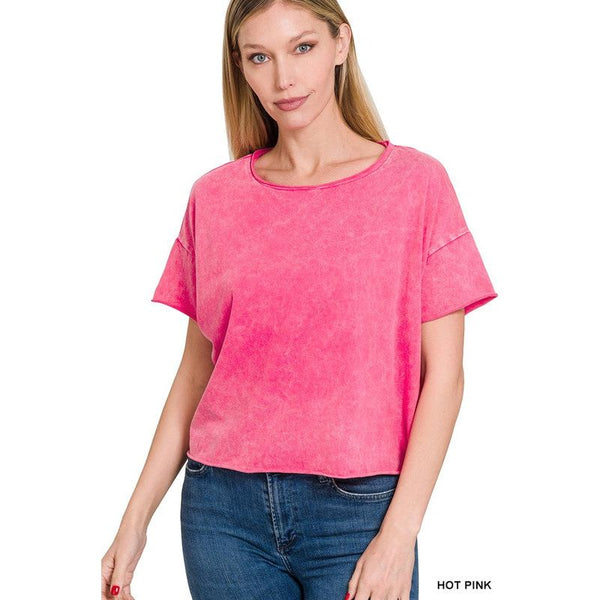 Graphic T-Shirts - ACID WASH RAW EDGE SHORT SLEEVE CROP TOP - HOT PINK - Cultured Cloths Apparel