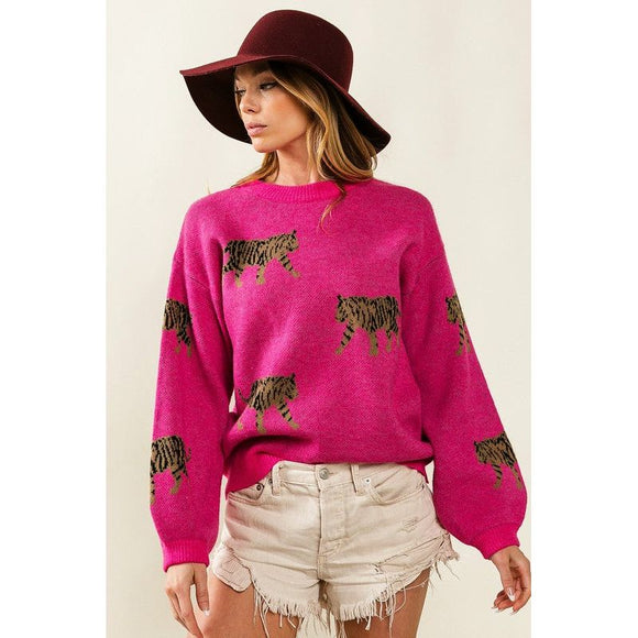 Women's Sweaters - Tiger Pattern Sweater - FUCHSIA - Cultured Cloths Apparel