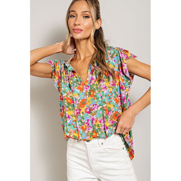 Women's Short Sleeve - Floral Printed Flowy Top with Drawstring Tie -  - Cultured Cloths Apparel