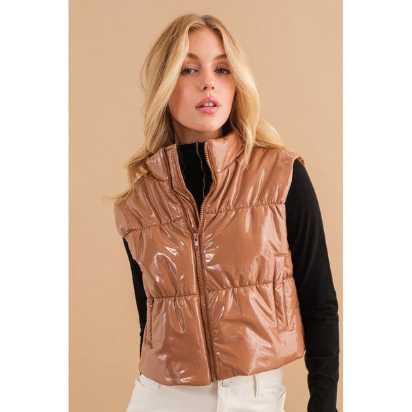 Outerwear - Gloss Shiny PU Quilted Puffer Zip Up Crop Vest -  - Cultured Cloths Apparel