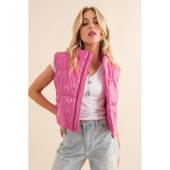 Outerwear - Gloss Shiny PU Quilted Puffer Zip Up Crop Vest - GLOSS PINK - Cultured Cloths Apparel