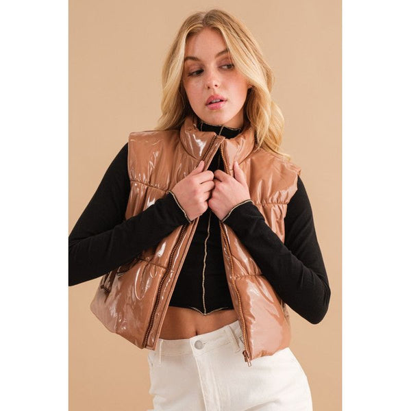 Outerwear - Gloss Shiny PU Quilted Puffer Zip Up Crop Vest -  - Cultured Cloths Apparel