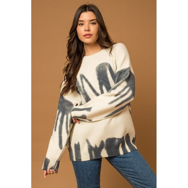 Women's Sweaters - Long Sleeve Spray Print Sweater - CREAM-BLUE - Cultured Cloths Apparel