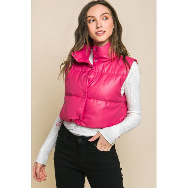 Outerwear - PU Faux Leather puffer West With Snap Button - FUCHSIA - Cultured Cloths Apparel