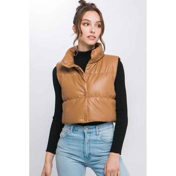 Outerwear - PU Faux Leather puffer West With Snap Button - CAMEL - Cultured Cloths Apparel