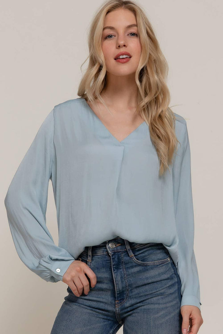 Women's Long Sleeve - Long Sleeve V-Neck with Pleats Satin Blouse - BLUE - Cultured Cloths Apparel