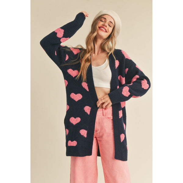 Outerwear - Fuzzy Heart Cardigan Sweater - Navy - Cultured Cloths Apparel