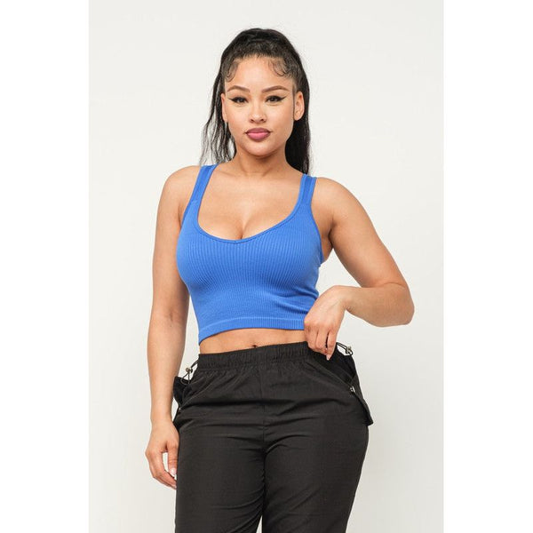 Athleisure - Stretchy Ribbed Seamless Cropped Tank - Blue - Cultured Cloths Apparel