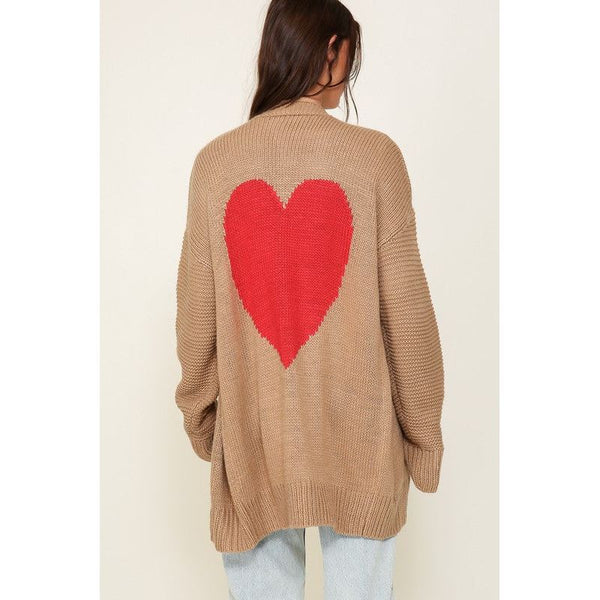 Women's Sweaters - Long Sleeve Open Front Cardigan With Back Heart - TAUPE COMBO - Cultured Cloths Apparel