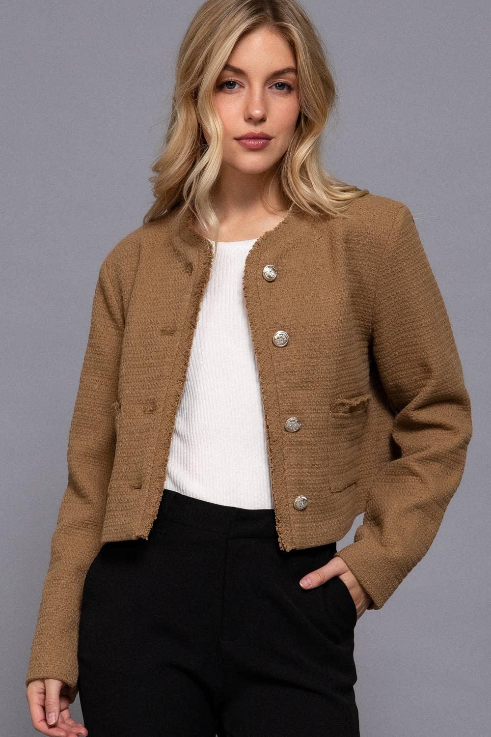 Outerwear - Long Sleeve Crew Neck Button Down Tweed Jacket - - Cultured Cloths Apparel