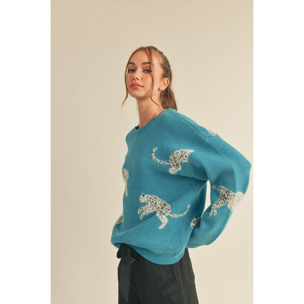 Women's Sweaters - Leopard Knit Sweater - Teal - Cultured Cloths Apparel