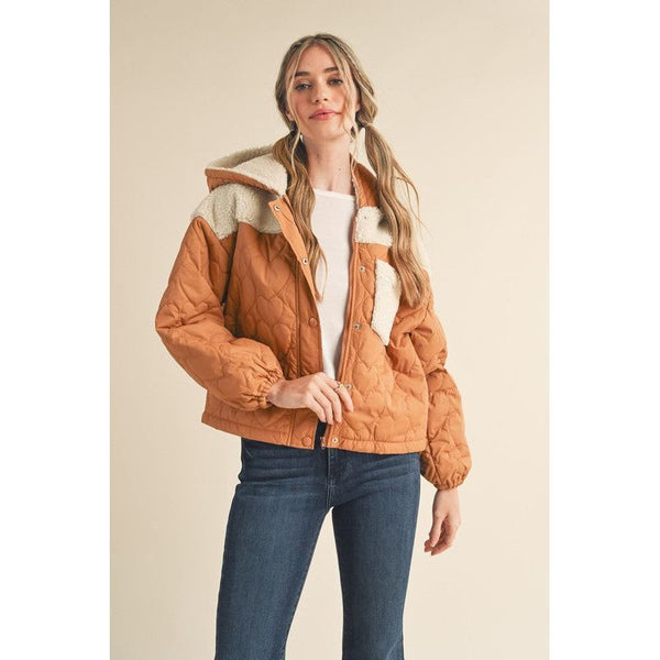 Outerwear - Mixed Media Puff Jacket with Hood - Camel - Cultured Cloths Apparel