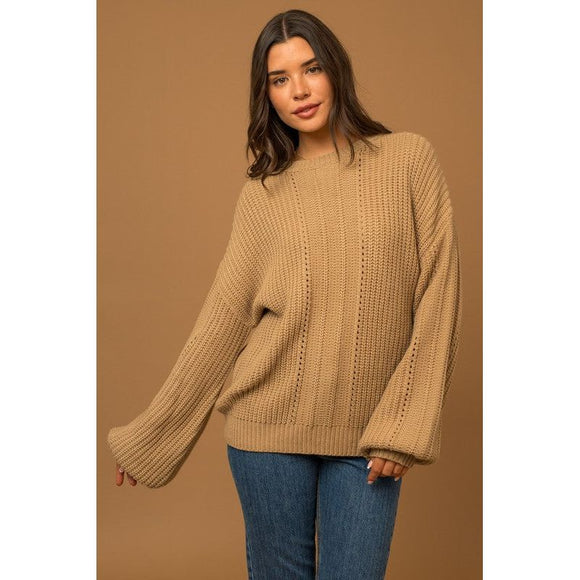 Women's Sweaters - Balloon Sleeve Braid Sweater - Taupe - Cultured Cloths Apparel