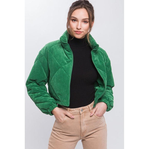Outerwear - Corduroy Semi-Cropped Zip Up Jacket with Pockets - Green - Cultured Cloths Apparel