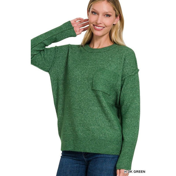 Women's Sweaters - MELANGE HI-LOW HEM ROUND NECK SWEATER - H DK GREEN - Cultured Cloths Apparel