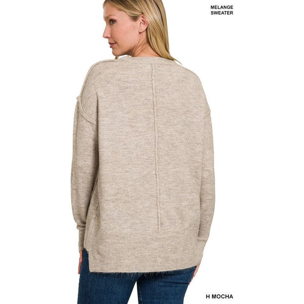 Women's Sweaters - MELANGE HI-LOW HEM ROUND NECK SWEATER -  - Cultured Cloths Apparel