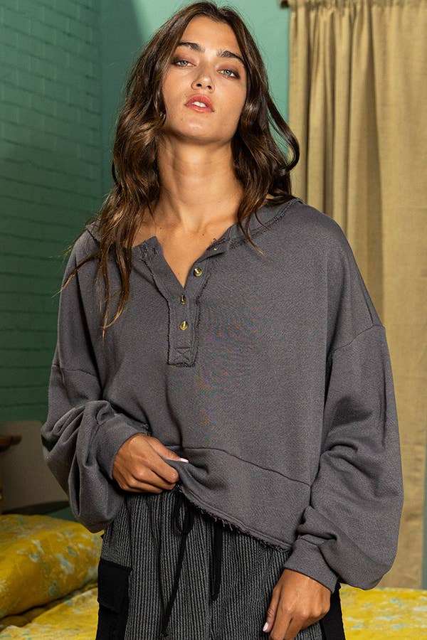 Lantern Sleeve Button-up French Terry Crop Top