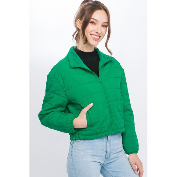 Outerwear - Crop Puffer Jacket with Waist Pull String - Green - Cultured Cloths Apparel