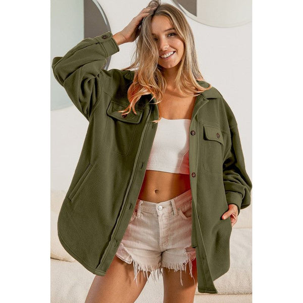 Outerwear - Fleece Buttoned Down Oversized Jacket - OLIVE - Cultured Cloths Apparel