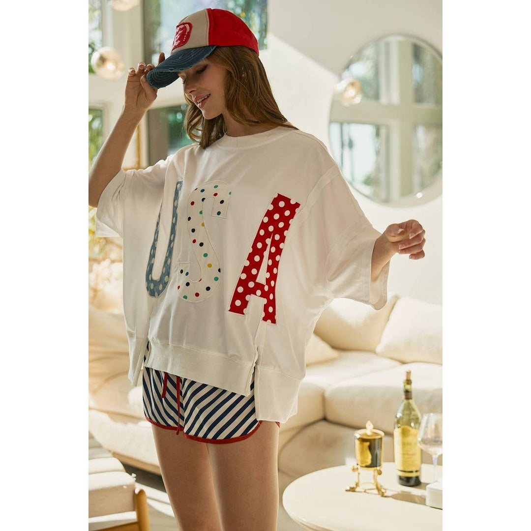 Women's Short Sleeve - 4th Of July Polka Dot Usa Lettered Patch Work Top - - Cultured Cloths Apparel