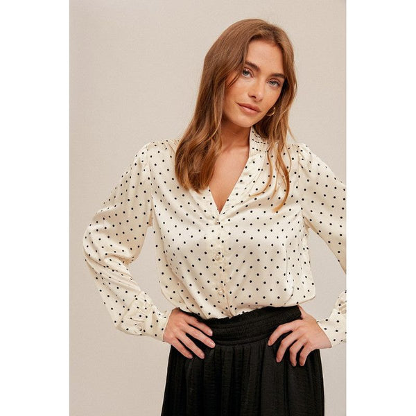 Women's Long Sleeve - Embellished Satin Polka Dot Blouse - White - Cultured Cloths Apparel