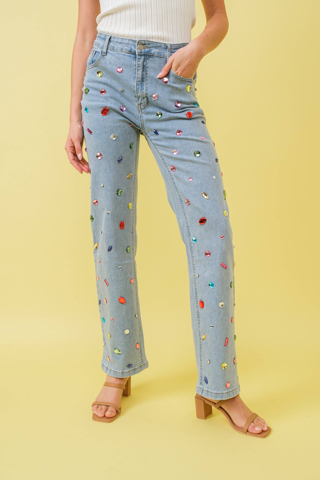 Denim - 23989P Mid Rise Rainbow Jewel Embellished Denim Jeans - SMALL - Cultured Cloths Apparel