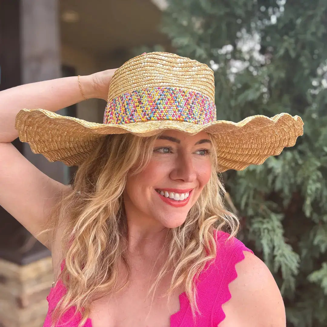 Accessories, Hats - Wide-Brimmed Raffia Hat - Colorful Band - Bekah - - Cultured Cloths Apparel