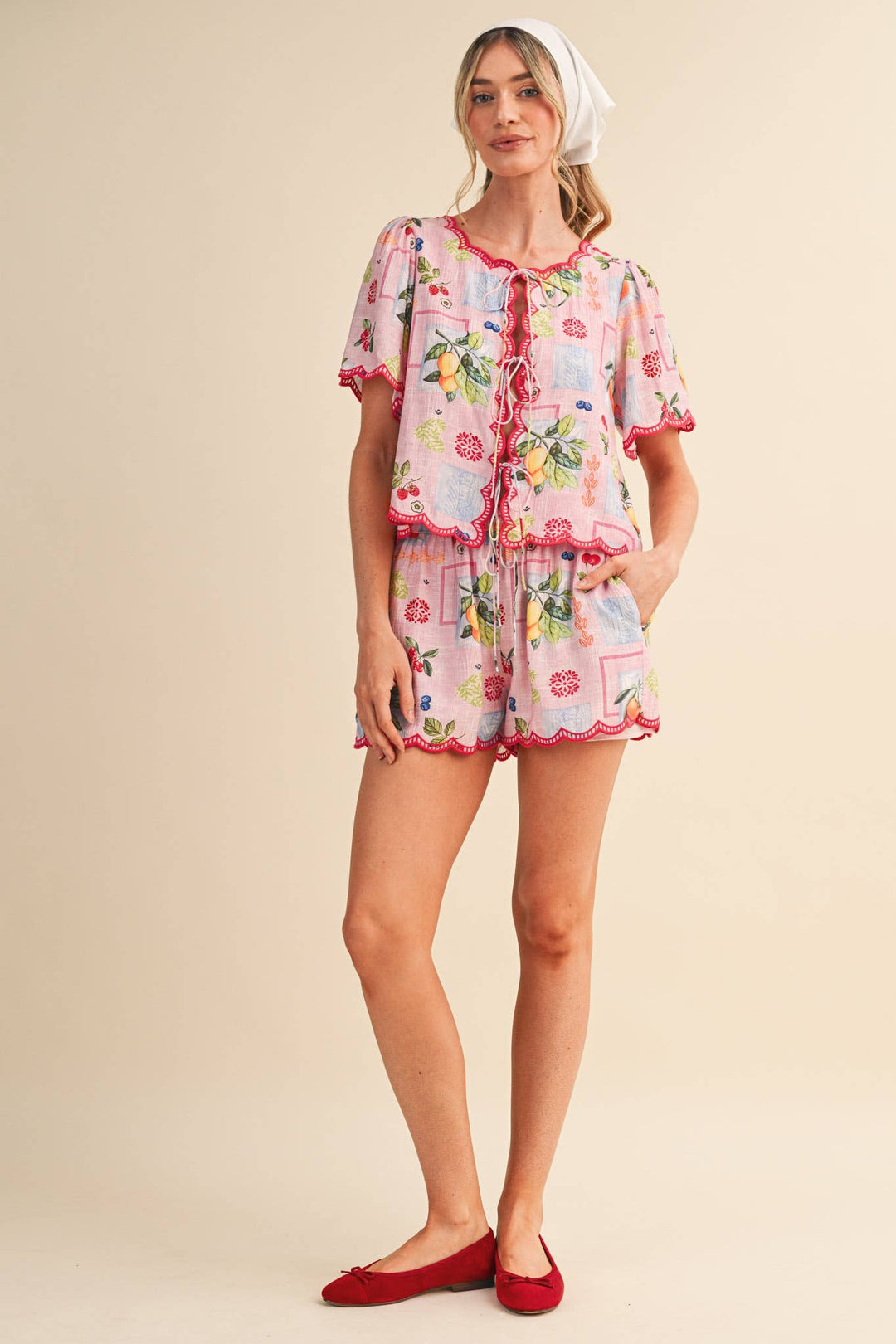 Romper - FRUIT PRINT EMBROIDERED SCALLOP TOP AND SHORTS SET - - Cultured Cloths Apparel