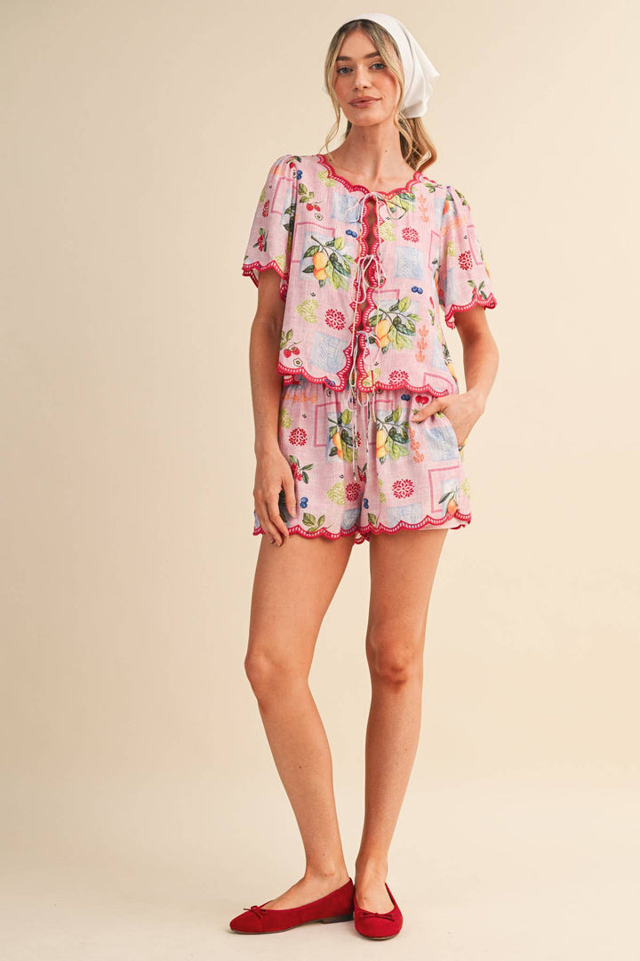 Romper - FRUIT PRINT EMBROIDERED SCALLOP TOP AND SHORTS SET - - Cultured Cloths Apparel