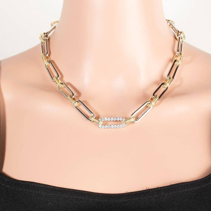 Accessories, Necklaces - Two Tone Oval Classic Chain Cz Pave Link Classic Chain Necklace - - Cultured Cloths Apparel