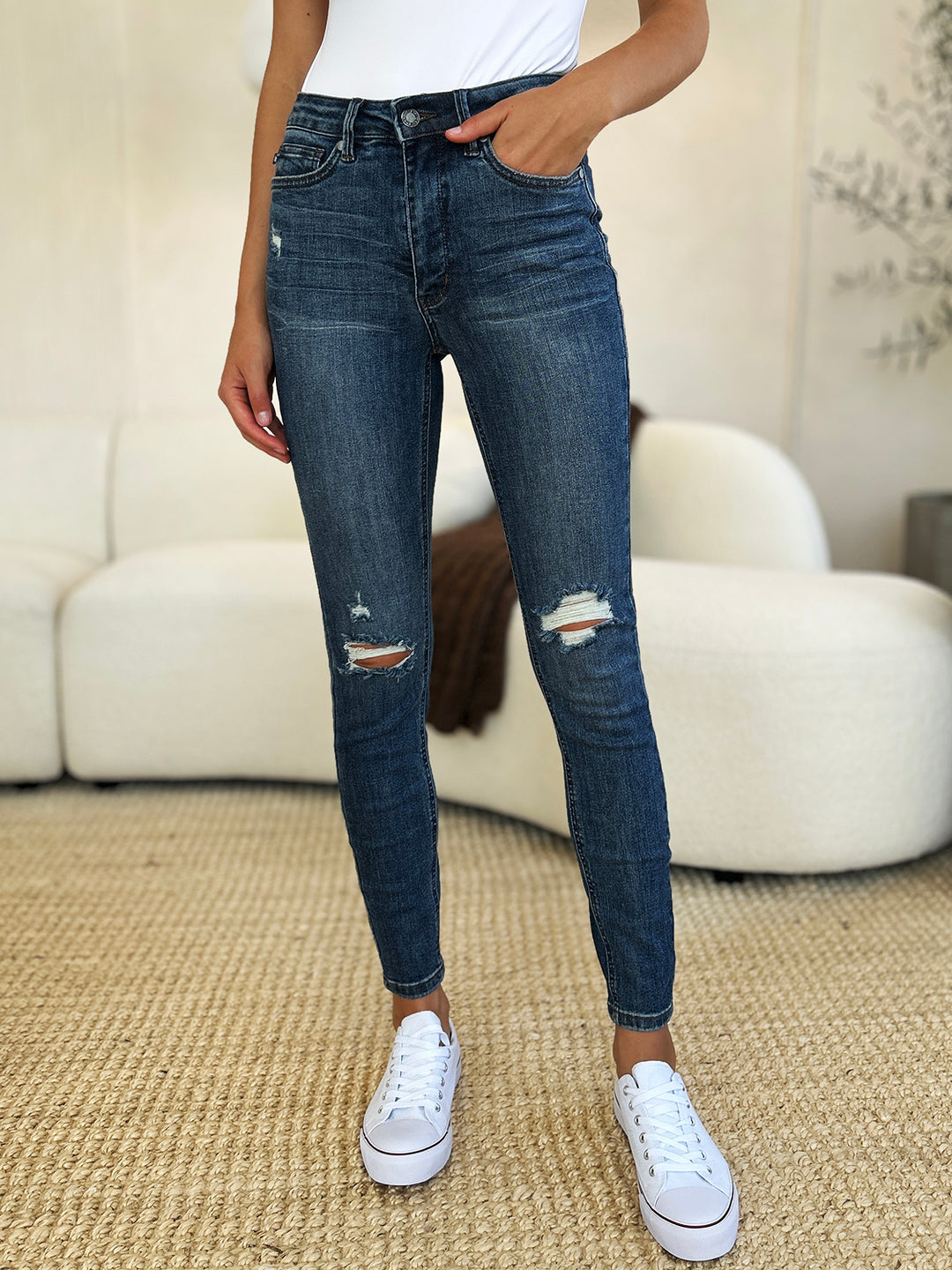 Denim - Judy Blue Full Size High Waist Distressed Slim Jeans - - Cultured Cloths Apparel